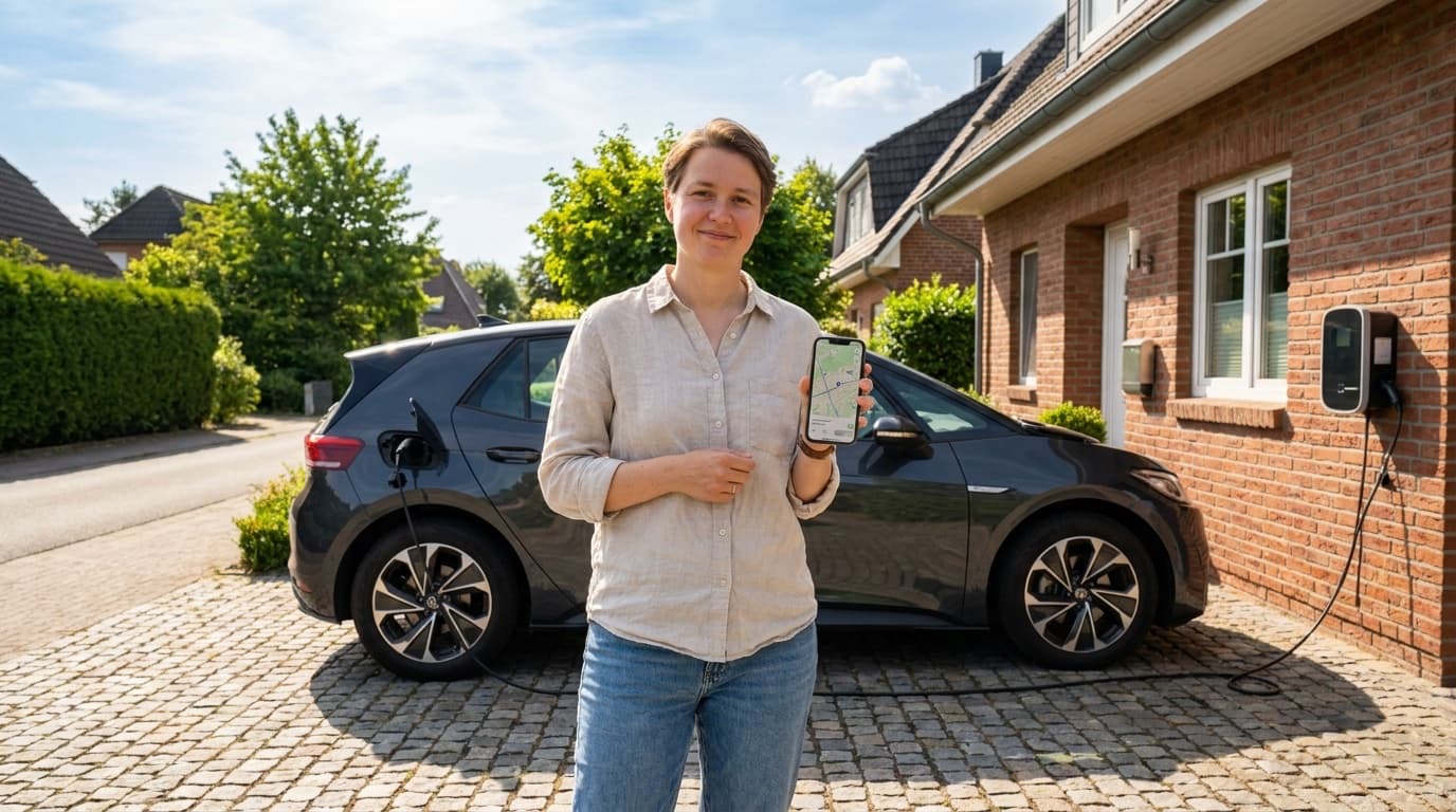 Person schaut auf ein Smartphone mit Karte neben einem ladenden Elektroauto