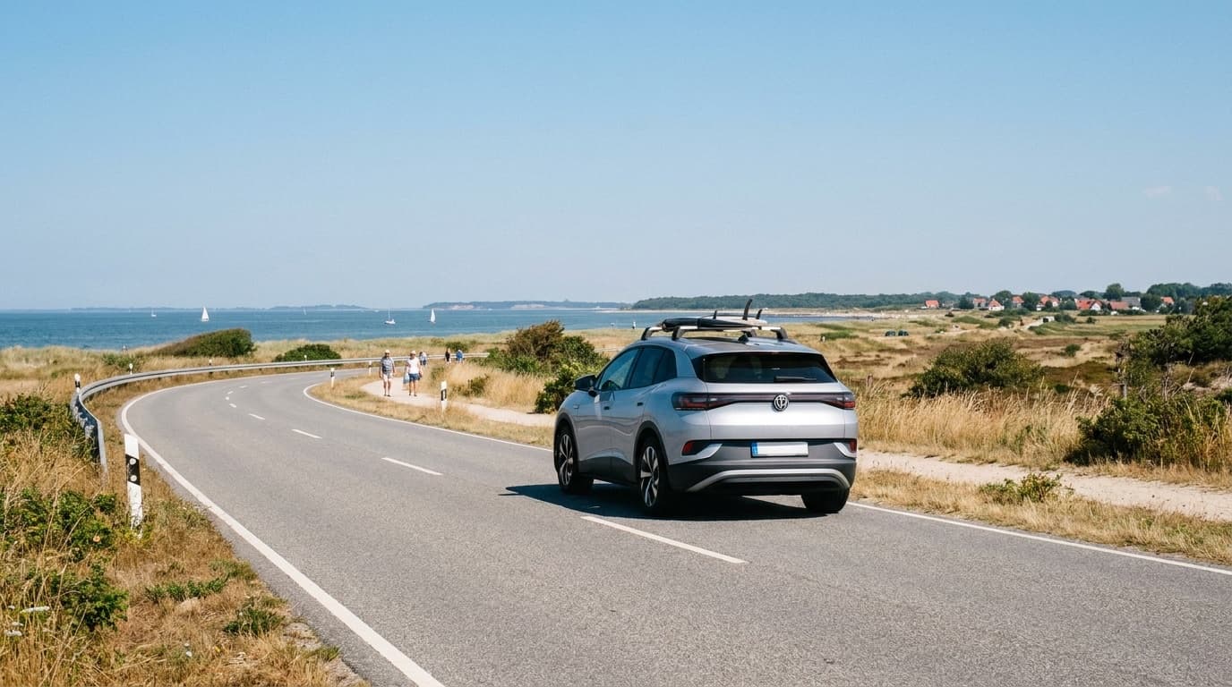 Elektroauto auf einer sonnigen Küstenstraße im Sommer auf einem Roadtrip