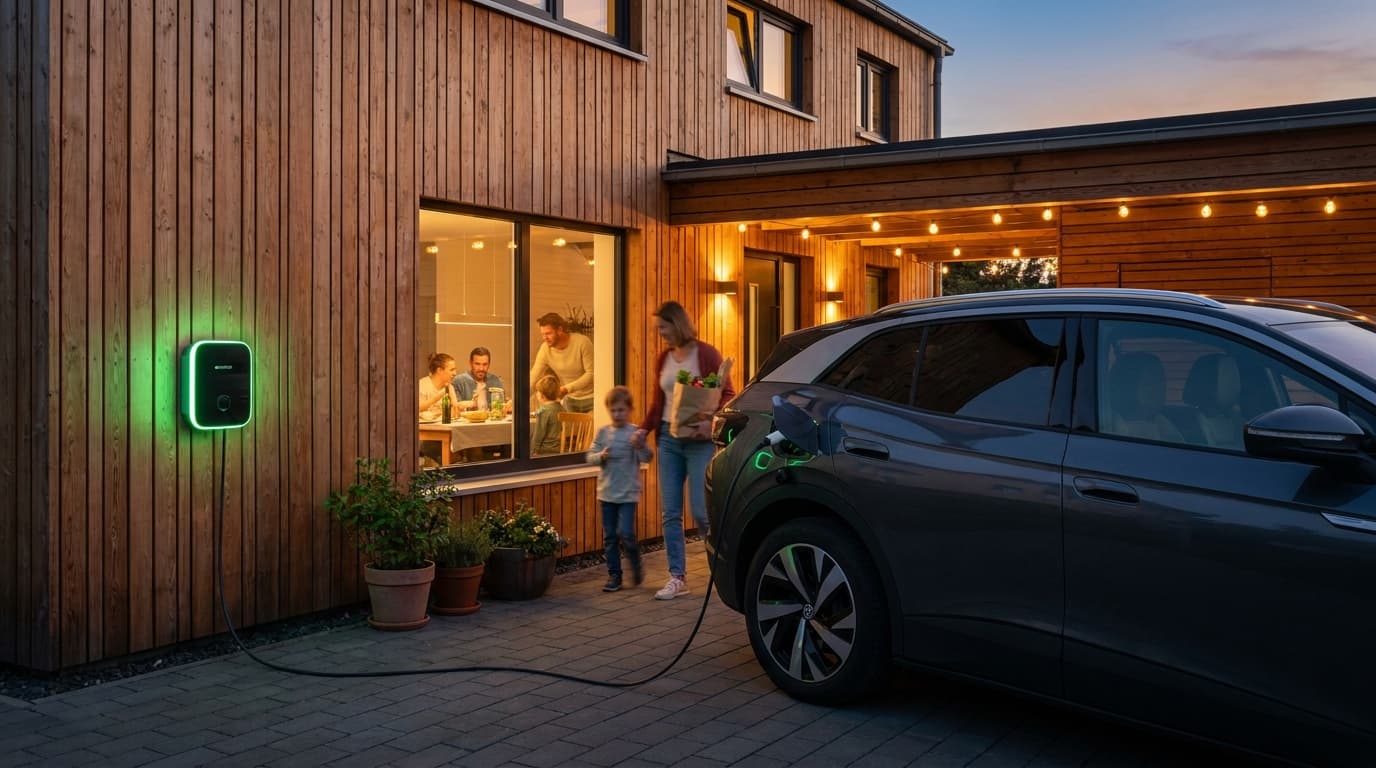 Ein Elektroauto lädt an einer privaten Wallbox, die an der Hauswand eines Einfamilienhauses befestigt ist.