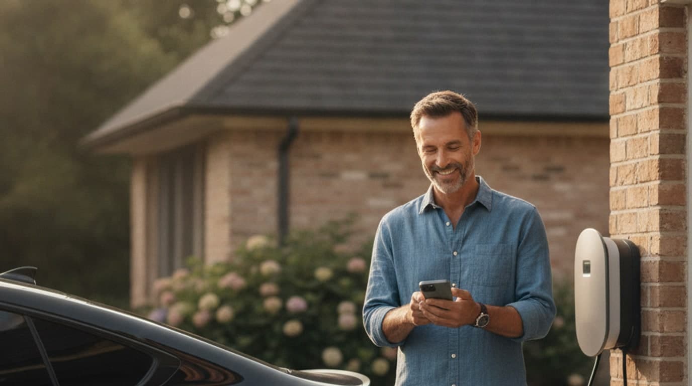Person lädt ihr E-Auto an einer privaten Wallbox in der Einfahrt