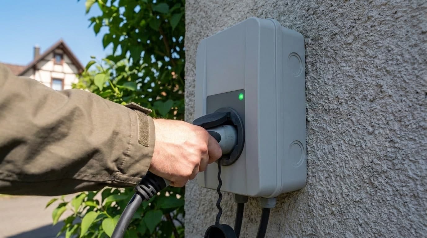 Nahaufnahme einer Hand, die ein Ladekabel in eine Wallbox mit grüner Statusanzeige steckt