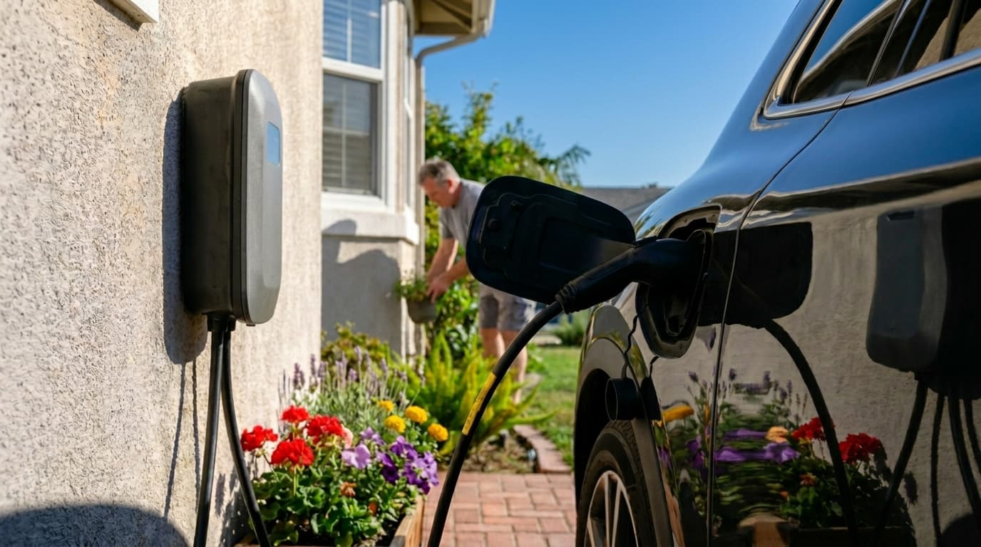 Ein Elektroauto lädt an einer privaten Wallbox, die an einer Hauswand befestigt ist. Der Ladestecker ist fest mit dem Auto verbunden.
