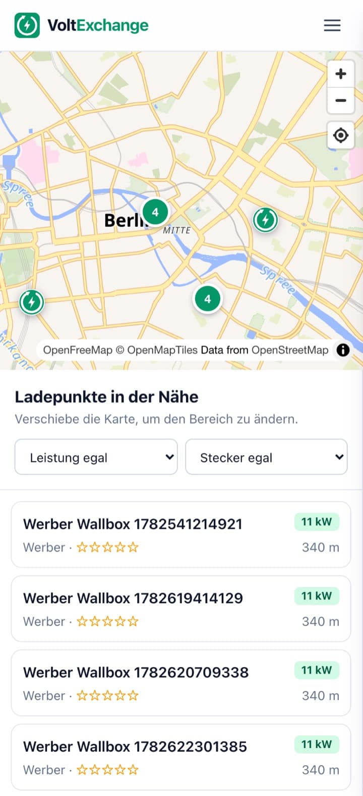 VoltExchange Karte mit Ladepunkten